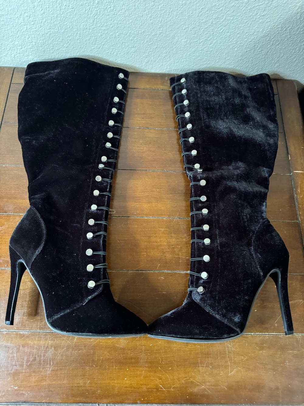 JustFab Black Velvet Lace-Up Stiletto Knee Boots